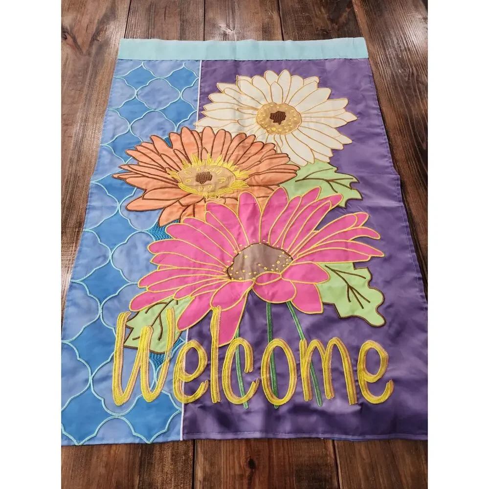 WELCOME Flower Floral Applique Yard Flag Nylon Large 40x28